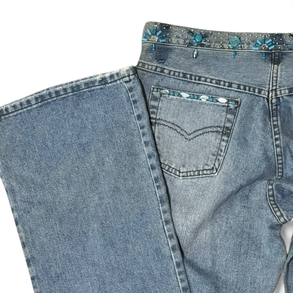 Embellished Beaded Jeans Le Jealous Sz 46  Rhinestone Flare‎ Denim Low Rise y2k